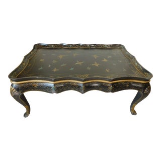 Early 20th Century Antique Chinese Black Lacquer Hand Painted Gold Trim Solid Wood Gallery Coffee Table For Sale