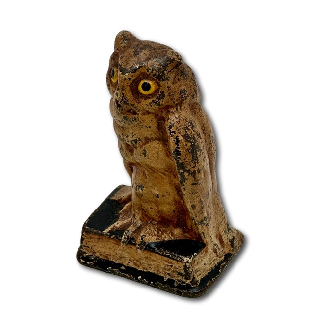 Unusual Antique American Cast Iron Wise Old Owl Sitting on a Book Figurative Doorstop - Circa 1920s. For Sale In Boston - Image 6 of 18