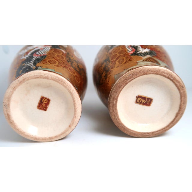 Antique Japanese Signed Satsuma Porcelain Vases, Matched Pair With Double Handles, Faces and Dragon on Each For Sale - Image 9 of 10