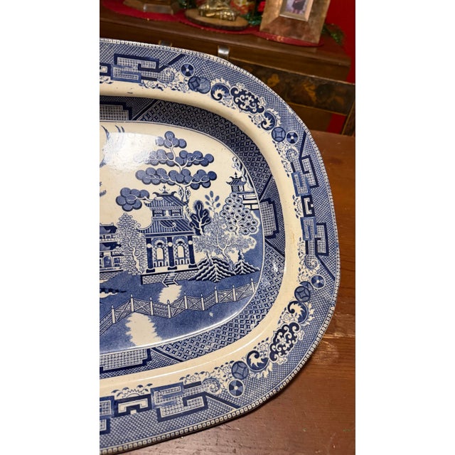 Ceramic Antique Staffordshire Blue Willow Transfer Ironstone Oval Platter, Circa 1860s For Sale - Image 7 of 12