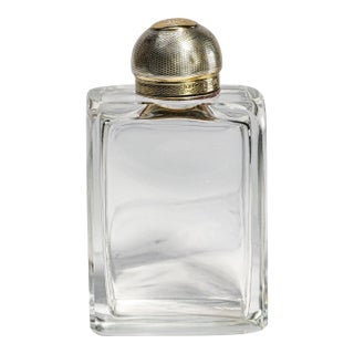 Unusual English Crystal Antique Scent Perfume Cologne Bottle Sterling Silver Engine Turned Lid Victorian Luxury Home Decor For Sale