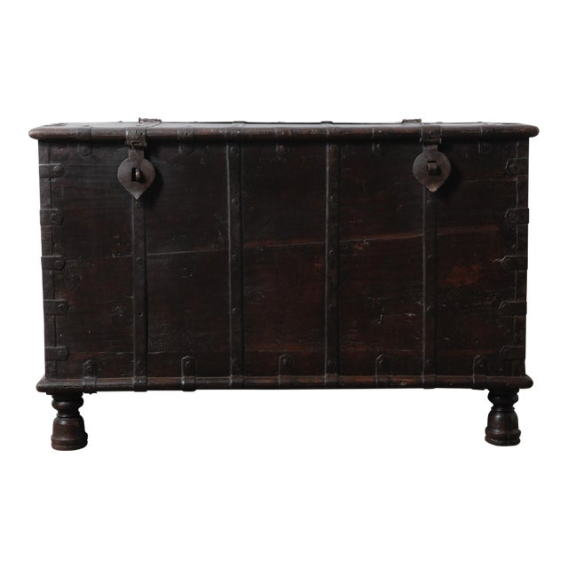Vintage Indian Iron-Bound Wooden Chest on Turned Feet For Sale