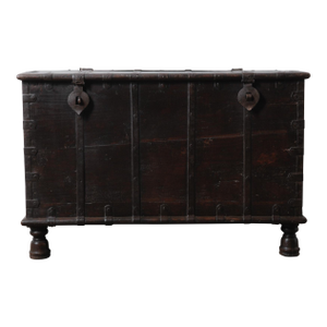 Vintage Indian Iron-Bound Wooden Chest on Turned Feet