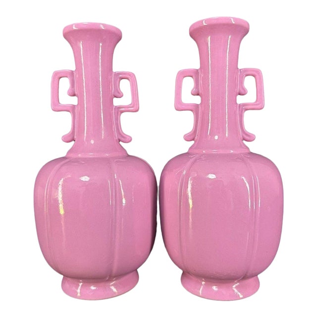 Pair of Chinese Pink Glazed Porcelain Vases With Handles For Sale