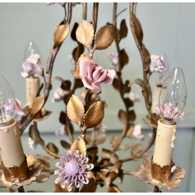 Metal French Gilt Toleware and Floral Ceramic 6-Branch Chandelier, 1930s For Sale - Image 7 of 8