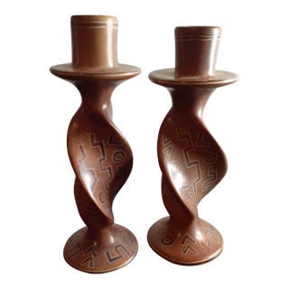 1980s Carved Soapstone Twisted Candle Holders, Made in Kenya- a Pair For Sale