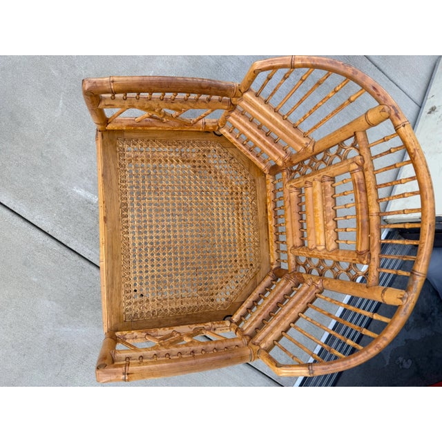 Vintage burnt bamboo, caning and split reed armchair on six legs. This is a handcrafted chair with woven cane seat...
