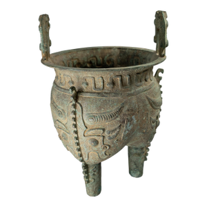 20th Century Chinese Verdigris Brass Ding Ritual Bronze Form Vessel