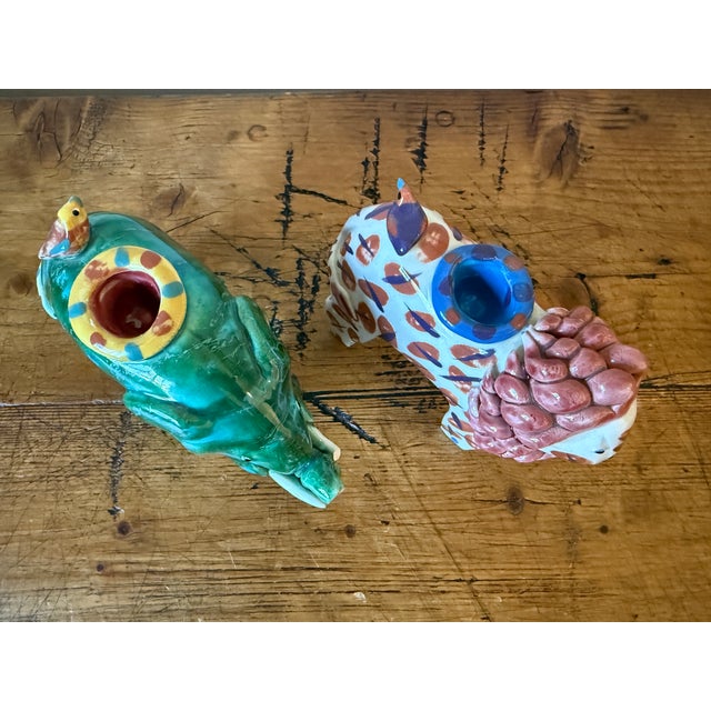Figurative Pair of Sculpted Ceramic/Clay Whimsical Lion & Elephant Candlesticks For Sale - Image 3 of 15