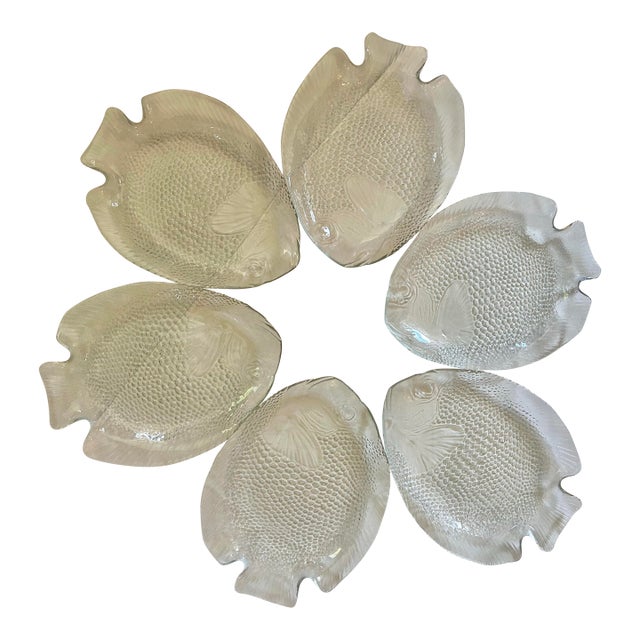 Vintage Arcoroc France “Poisson” Glass Fish Plates - A Set of 6 For Sale