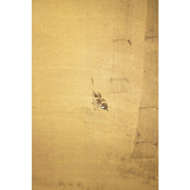 Goldenrod 1970s Shōwa Era Japanese Byobu Screen, "Sparrows at Bamboo Forest" For Sale - Image 8 of 18