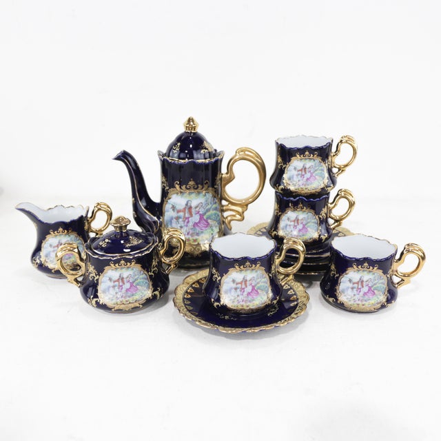 Rococo Vintage Cobalt Blue & Gold Porcelain Tea Set – Romantic Courting Scene For Sale - Image 3 of 12