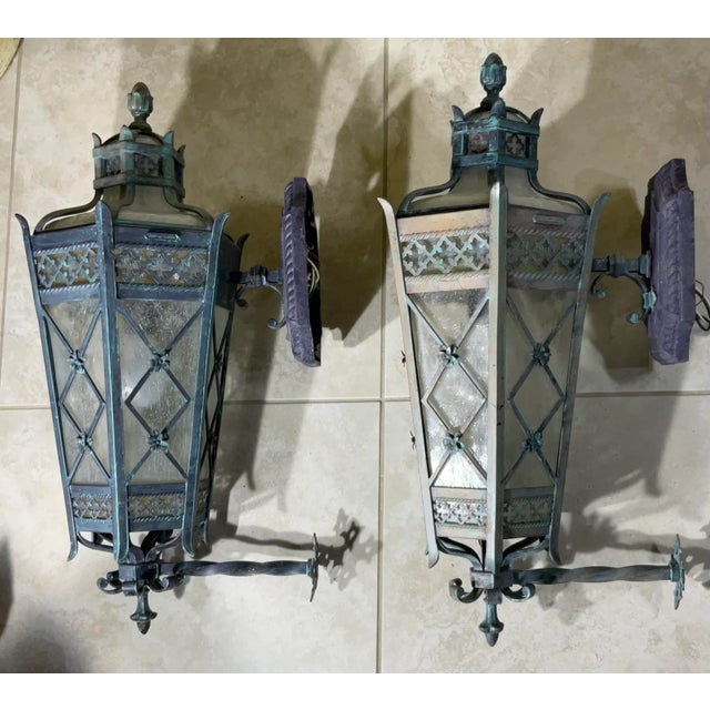 1980s Large Pair of Handcrafted Wall-Mounted Solid Brass Lanterns / Sconces For Sale - Image 10 of 18