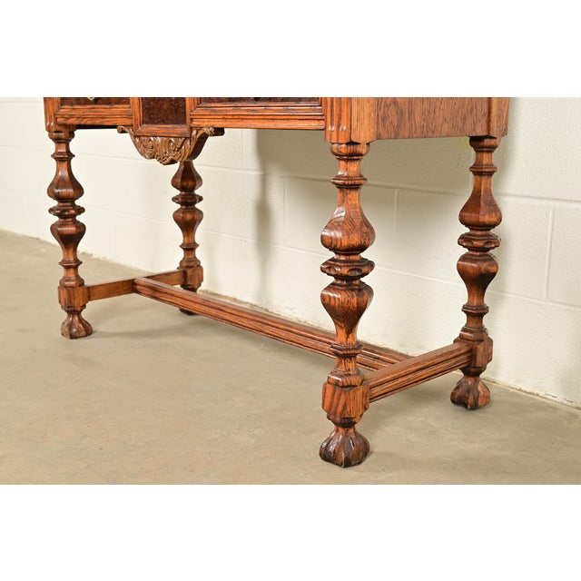 Early Romweber Antique English Jacobean Carved Oak and Burl Wood Bar Cabinet, Circa 1900 For Sale - Image 12 of 16