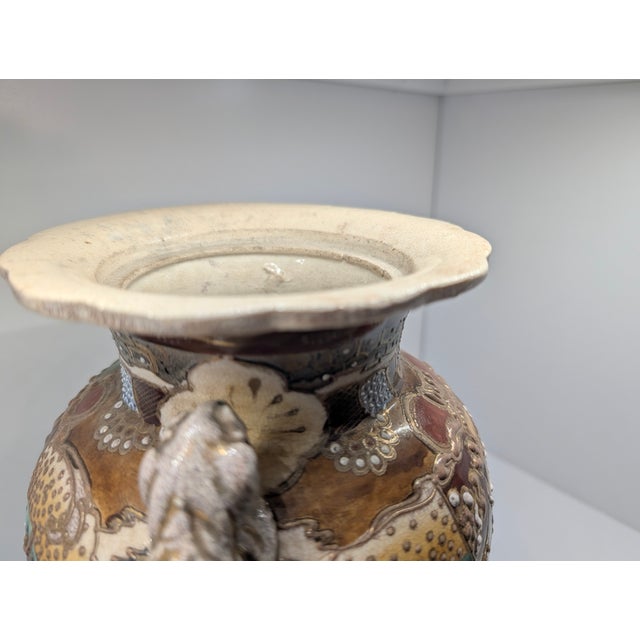 Vintage Hand‑Painted Oriental Ceramic Vase With Foo Dog Handles For Sale - Image 11 of 11