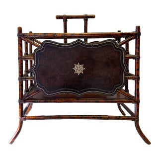 Maitland-Smith Faux Tortoise & Tooled Leather Bamboo Canterbury Magazine Rack For Sale