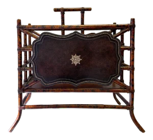 Maitland-Smith Faux Tortoise & Tooled Leather Bamboo Canterbury Magazine Rack