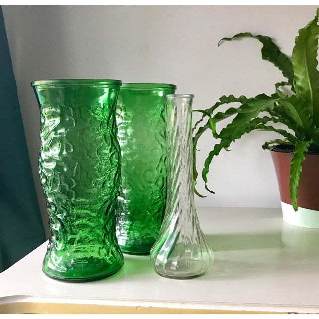 Hoosier Glass Co. MidCentury Emerald Green and Clear Vases Set of 3