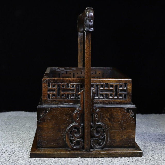Mid 20th Century Vintage Chinese Huali Rosewood Carved "Elephant" Handled Picnic Box / Tea Caddy For Sale - Image 5 of 9