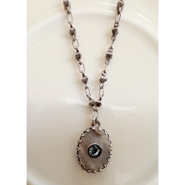 Vintage Sterling Silver Necklace by Designer Liz Palacios Sf, Featuring a Mother of Pearl Pendant With a Central Crystal, and Dangling Charm Accent For Sale - Image 4 of 5