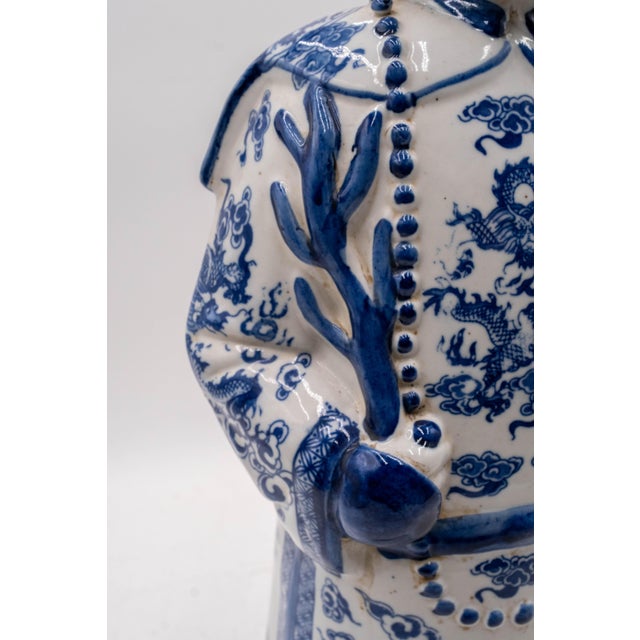 Pair of Vintage Chinese Blue & White Porcelain Chinese Emperor Figures For Sale - Image 10 of 18