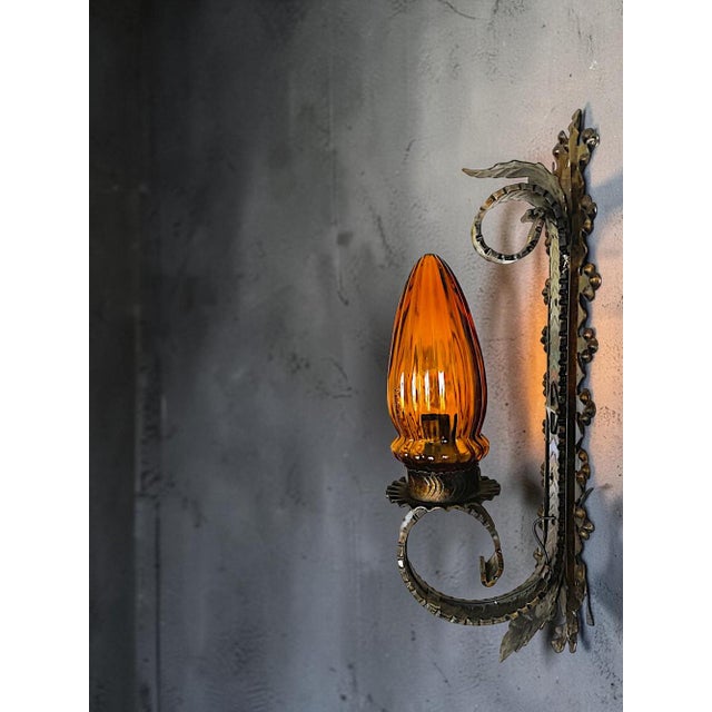 Portuguese Gothic Style Wall Sconce in Wrought Iron with Amber Glass Lampshade, 1960s For Sale - Image 9 of 9