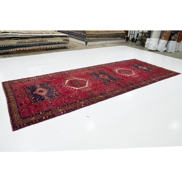 Tribal Vintage Persian Heriz Gallery Wool Rug in Red With Tribal Pattern For Sale - Image 3 of 11