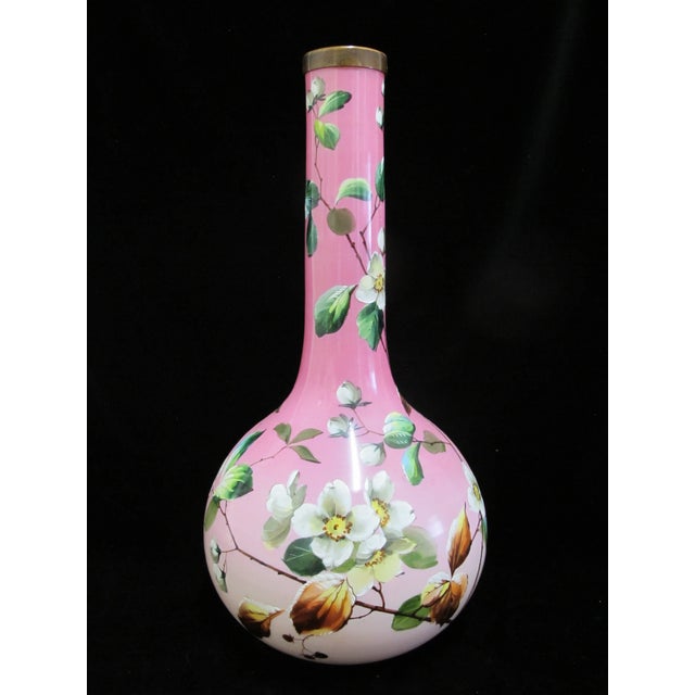 Victorian era enameled opaline glass vase, heavily attributed to the Bohemian maker Harrach. Features a classic Victorian...