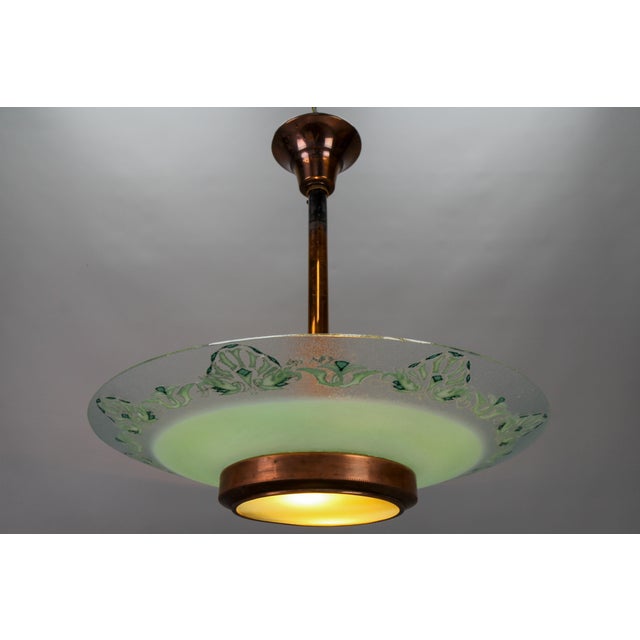 Metal French Art Deco Green Textured Glass and Copper Pendant by Loys Lucha, 1930s For Sale - Image 7 of 18