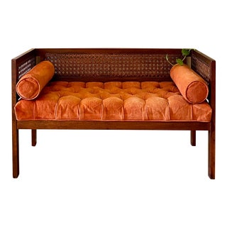 Vintage Mid Century Modern Rattan Cane Walnut Tufted Orange Settee For Sale