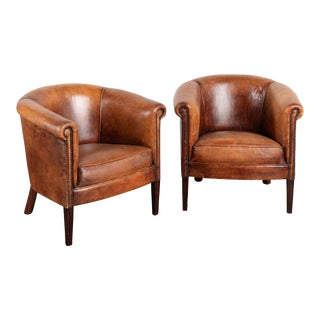 Pair, Vintage Brown Leather Club Tub Arm Chairs, the Netherlands 1960-70 For Sale