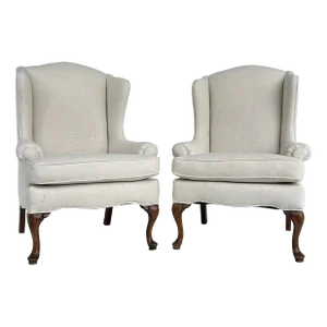 Vintage High-Back Upholstered Wingback Chairs With Walnut Feet, Loose Cushions- a Pair