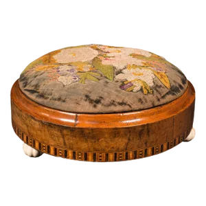 1830s William IV Antique Sampler Stool, English, Walnut, Boxwood, Embroidered, Decor