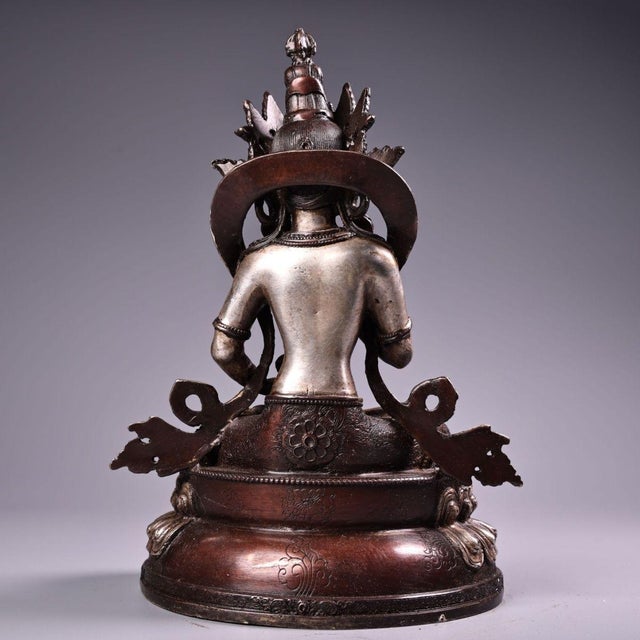 Traditional Late 20th Century Nepalese Silver-Inlaid Bronze Vajrasattva Statue Buddhist Deity 8.7" For Sale - Image 3 of 9