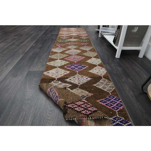 1970s Vintage Turkish Oushak Handmade Wool Cotton Brown Runner Rug For Sale In San Francisco - Image 6 of 11