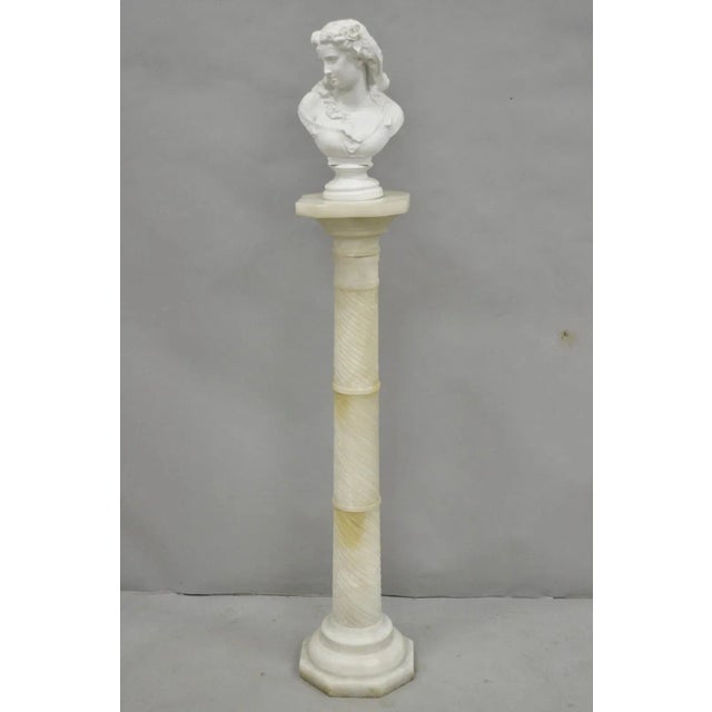Antique Italian Neoclassical Carved Alabaster Spiral Column Narrow Pedestal Plant Stand. Circa Early 20th Century....