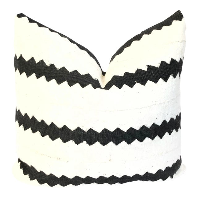 Tribal Hand-Printed Black & White Mud-Cloth Feather/Down Pillow 22" Square For Sale