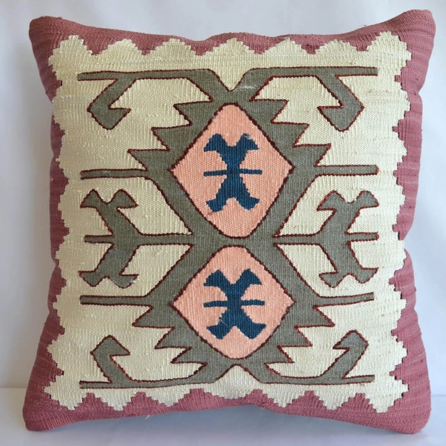 Hand Woven Turkish Silk Pillow Cover Oushak Pattern Kilim Throw Pillow - 16″ X 16″ For Sale - Image 6 of 6