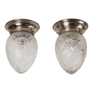 1950s Nickel-Plated Brass Acorn Flush Mounts – Hand-Cut Crystal Shades - a Pair For Sale