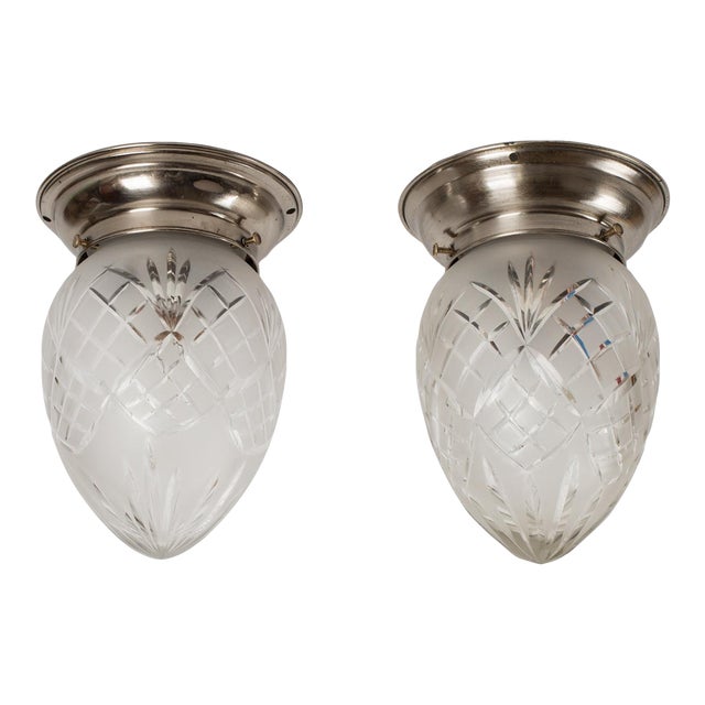 1950s Nickel-Plated Brass Acorn Flush Mounts – Hand-Cut Crystal Shades - a Pair For Sale