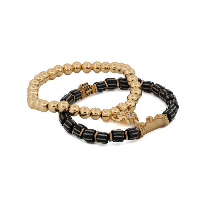 Lucky Gold Elephant & Ethnic Black Beaded Bracelet Set For Sale In Miami - Image 6 of 8