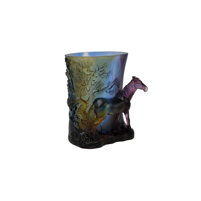 This exquisite decorative brush pot (bitong) is masterfully crafted from multicolored cast glass, showcasing a rich...
