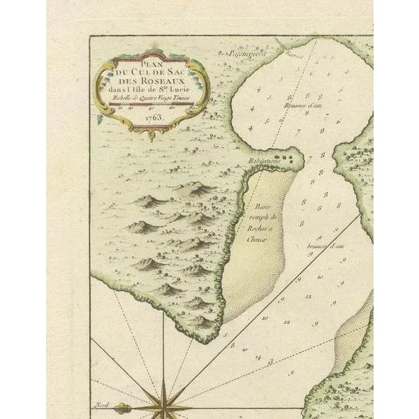 Handcolored Engraved Map of Roseaux, St. Lucia Island by Bellin, 1763 For Sale - Image 3 of 6