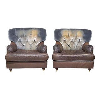 Mid 20th Century Pair of Baker Brown Leather & Blue Suede Club Armchairs Lounge Armchairs For Sale