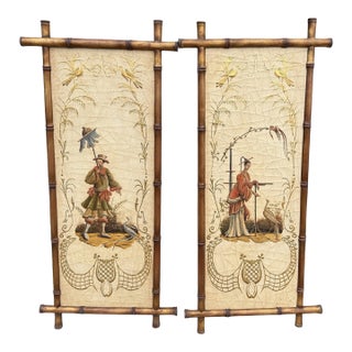 Pair of Signed Gustav Carroll Bamboo Hand Painted Chinoiserie Panels For Sale
