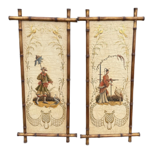 Pair of Signed Gustav Carroll Bamboo Hand Painted Chinoiserie Panels
