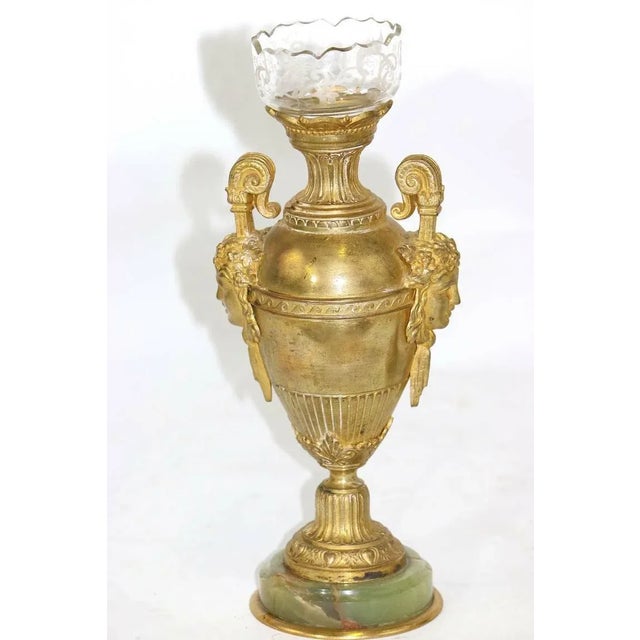 French 1850 Antique Neoclassic Gilt Bronze Vases Urns on Onyx Bases - A Pair For Sale - Image 3 of 8