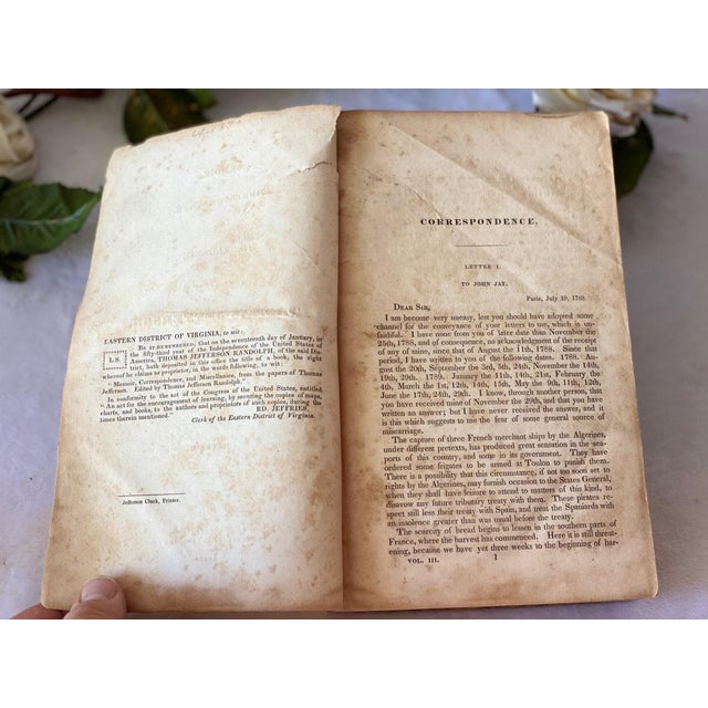 Early 19th Century Rare 1829 Antique First Edition Thomas Jefferson Memoir Correspondence and Miscellanies Vol III Book Edited by Jefferson's Grandson Damage For Sale - Image 5 of 7