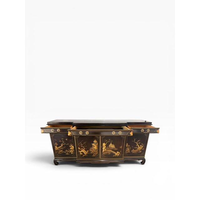 Paint 1984 Karges Furniture Hand-Painted Chinoiserie Lacquer Credenza With Asian Chow Legs For Sale - Image 7 of 15