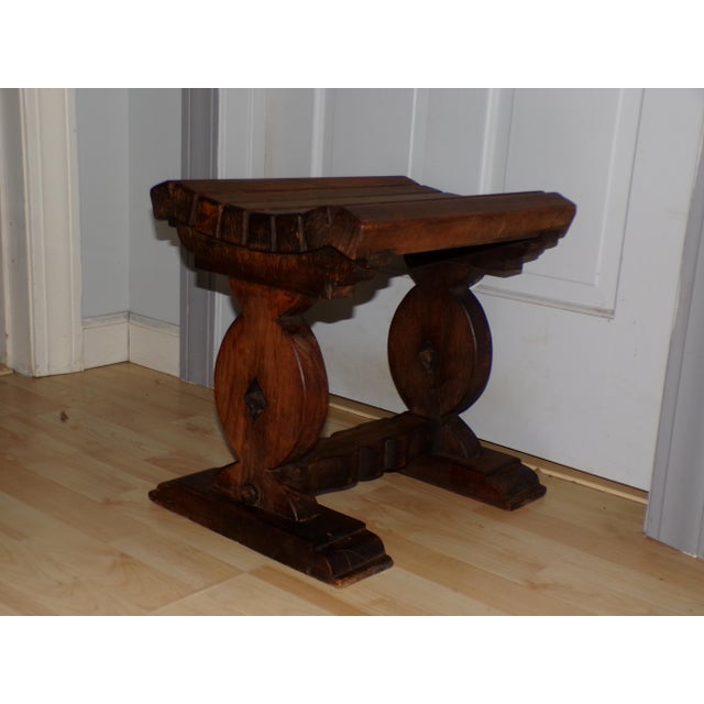 Vintage Slat Bench Solid Wood Trestle Stool Vanity Chair Rustic Cabin Decor For Sale - Image 9 of 12